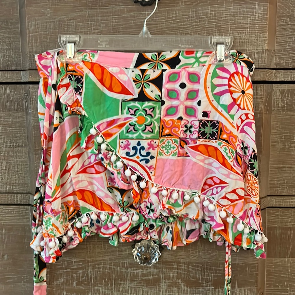 ASOS SWIM Multicolor Wrap Skirt with PomPoms